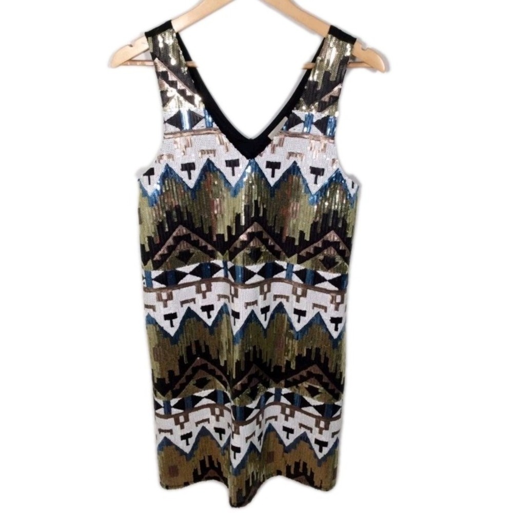 Everly Anthropologie Womens Sequin Shift Dress Size Medium Aztec Modern Art Deco